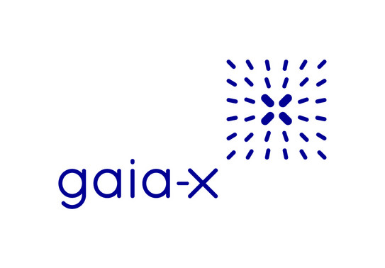 The logo of the Gaia-X Initiative. At the bottom left is Gaia-X. At the top right, next to it, is a square filled with dots lined up next to each other with an X in the middle.